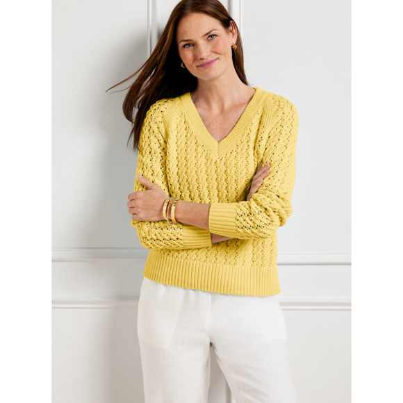 Talbots Sweater Womens M Yellow Open Knit V-Neck Pullover Cable Knit - Picture 1 of 4